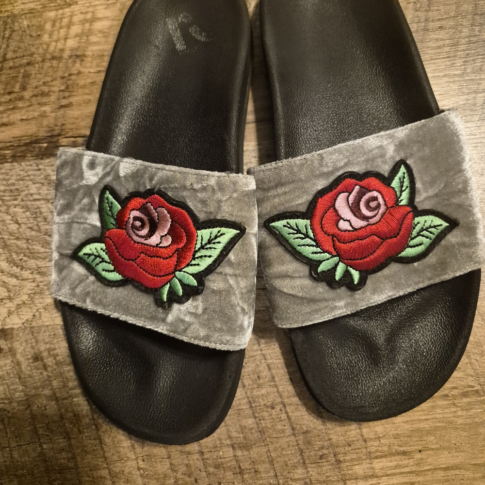 Gray Slides with Red Rose Embroidery